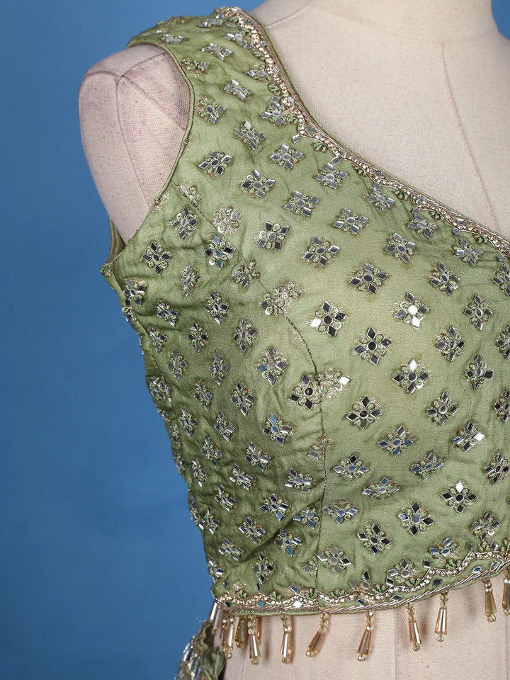 Green and Pink Floral Mirror Designed Banarasi Silk Lehenga for Bridesmaid - Diadem