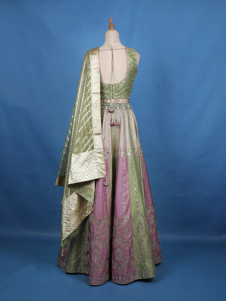 Green and Pink Floral Mirror Designed Banarasi Silk Lehenga for Bridesmaid - Diadem