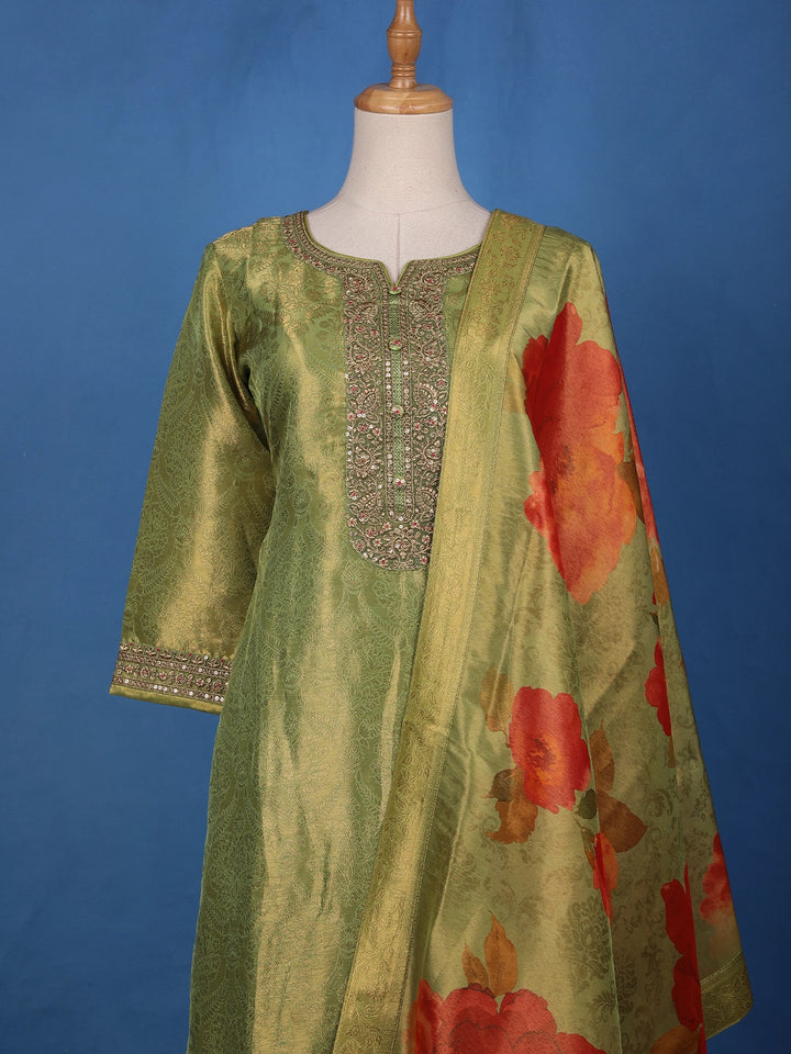 Green loral Design Sequins Banarasi Silk Salwar Suit - Diadem