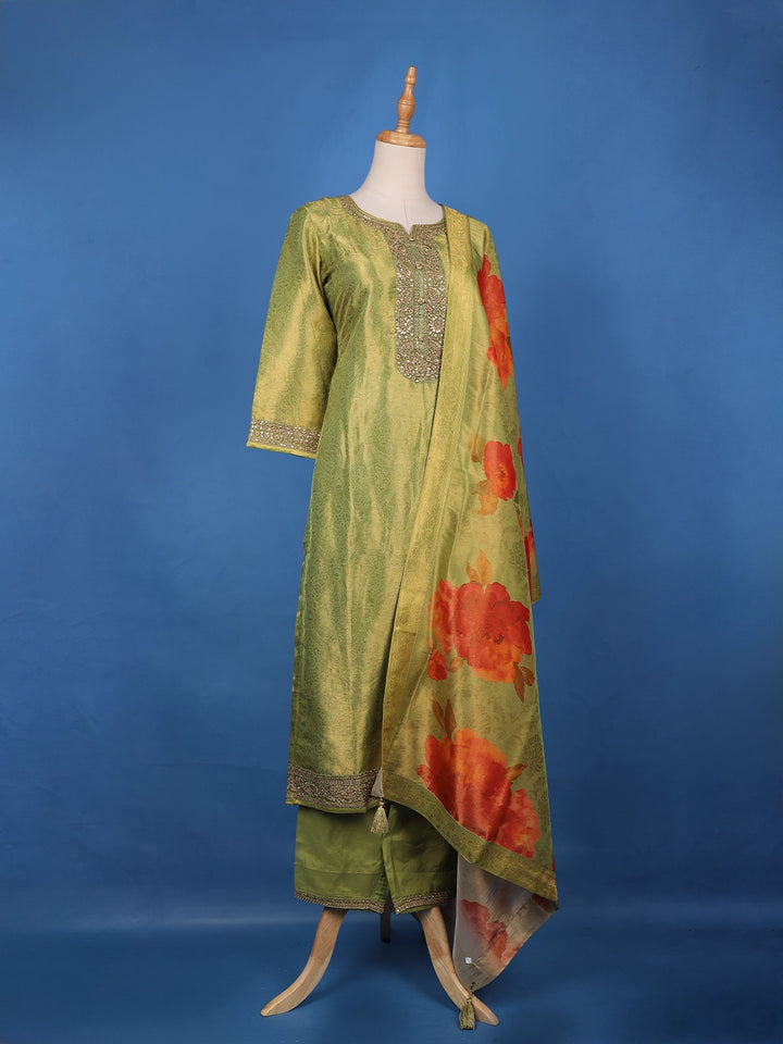 Green loral Design Sequins Banarasi Silk Salwar Suit - Diadem