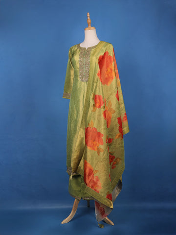 Green loral Design Sequins Banarasi Silk Salwar Suit - Diadem