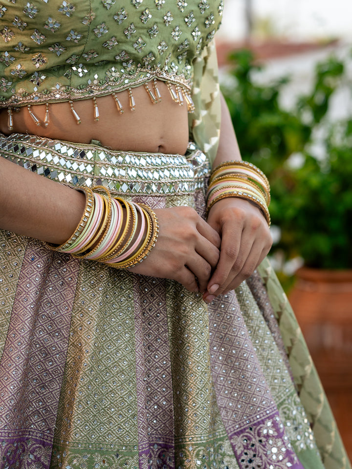 Green and Pink Floral Mirror Designed Banarasi Silk Lehenga for Bridesmaid - Diadem