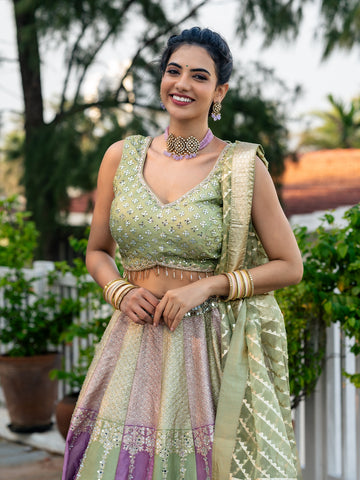 Green and Pink Floral Mirror Designed Banarasi Silk Lehenga for Bridesmaid - Diadem
