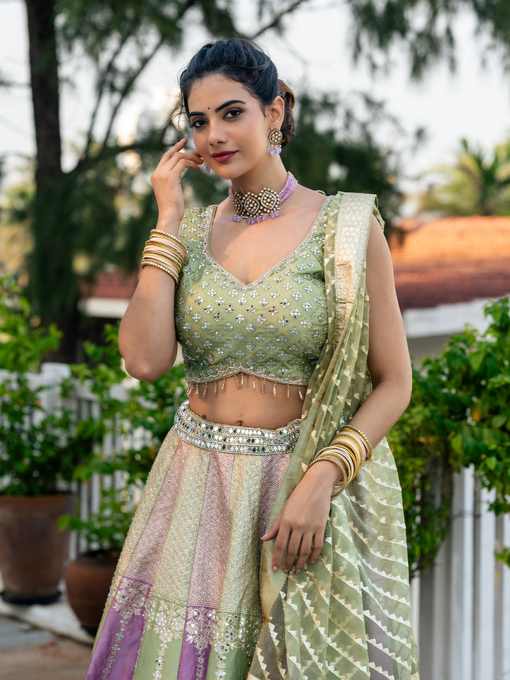 Green and Pink Floral Mirror Designed Banarasi Silk Lehenga for Bridesmaid - Diadem