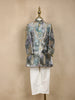 Grey Bird Design Silk Kids Sherwani Set with White Pants