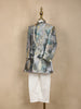 Grey Bird Design Silk Kids Sherwani Set with White Pants