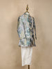 Grey Bird Design Silk Kids Sherwani Set with White Pants