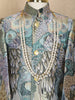 Grey Bird Design Silk Kids Sherwani Set with White Pants