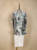 Grey Bird Design Silk Kids Sherwani Set with White Pants