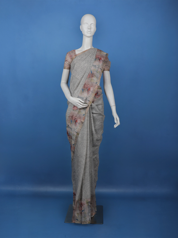 Grey Floral Design Tussar Silk Saree - Diadem