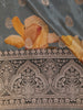 Grey Floral Printed Design Banarasi Saree with Contrast Zari Border