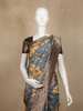 Grey Floral Printed Design Banarasi Saree with Contrast Zari Border