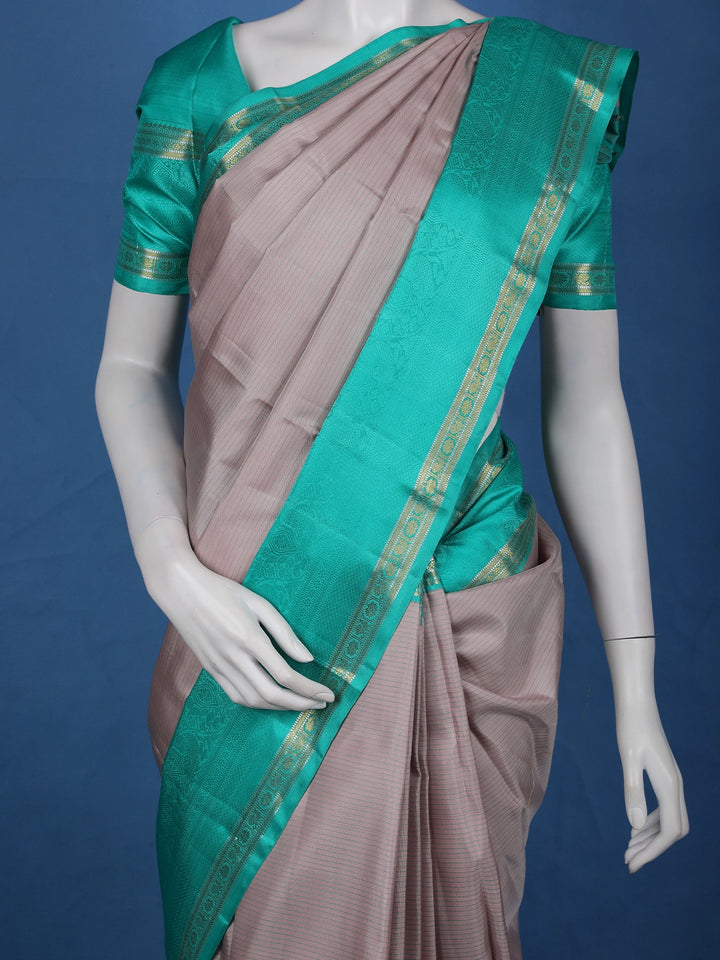 Grey Striped Woven Pure Kanchipuram Silk Saree - Diadem