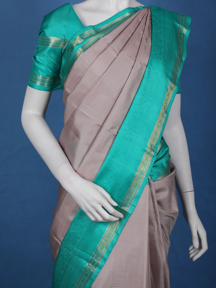 Grey Striped Woven Pure Kanchipuram Silk Saree - Diadem