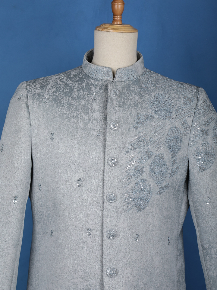 Grey Abstract Designed Jodhpuri Men's Suit - Diadem