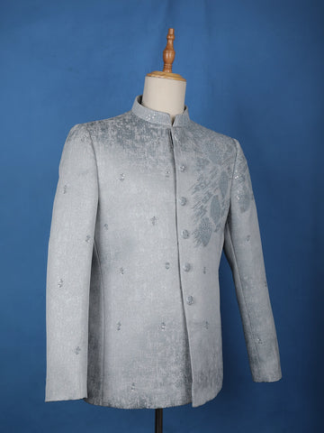 Grey Abstract Designed Jodhpuri Men's Suit - Diadem