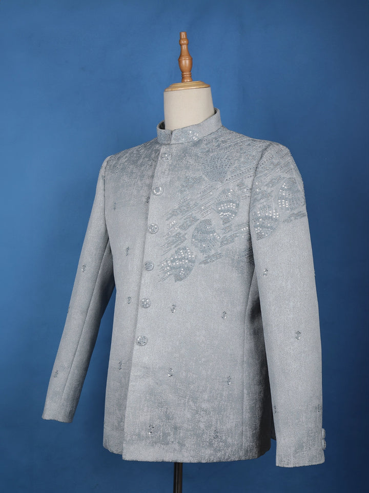 Grey Abstract Designed Jodhpuri Men's Suit - Diadem