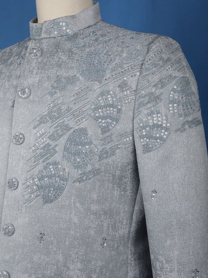 Grey Abstract Designed Jodhpuri Men's Suit - Diadem