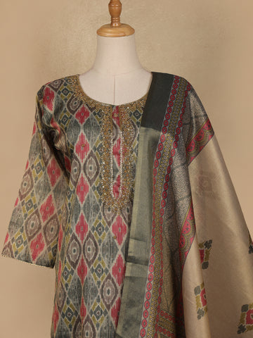 Grey Abstract Print Tissue Straight Cut Salwar Suit - Diadem