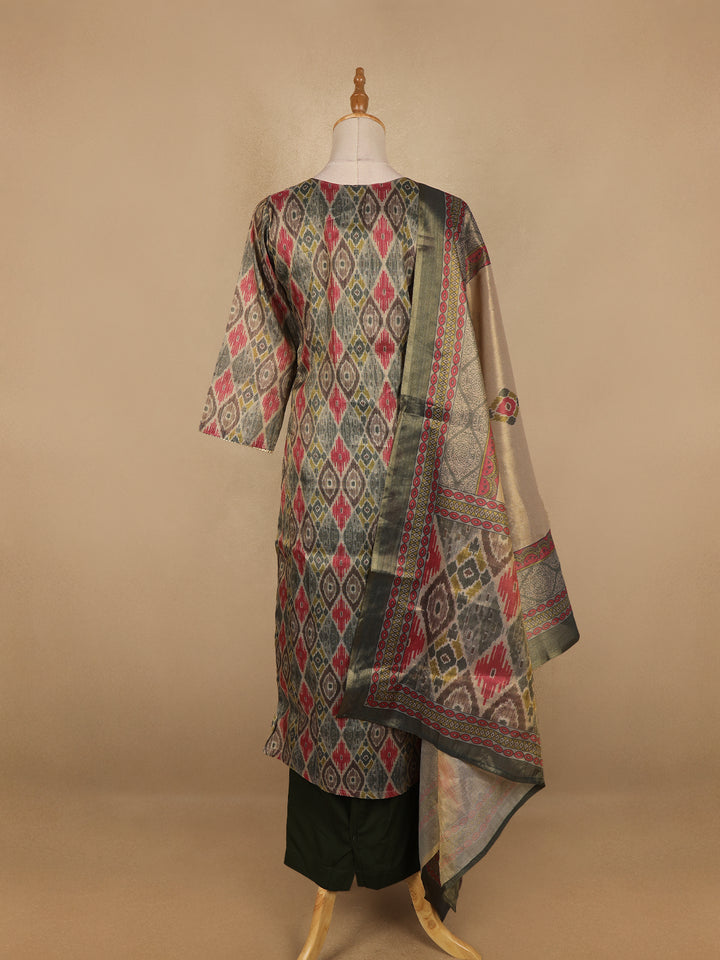 Grey Abstract Print Tissue Straight Cut Salwar Suit - Diadem