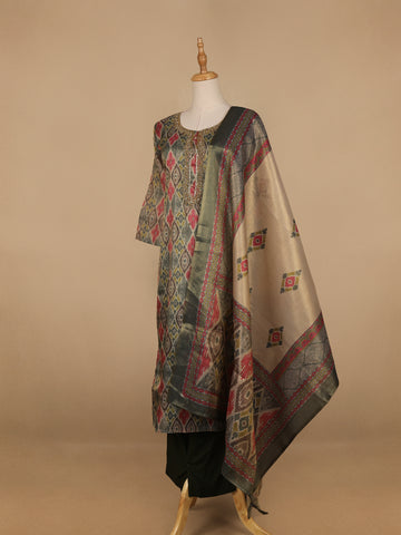Grey Abstract Print Tissue Straight Cut Salwar Suit - Diadem