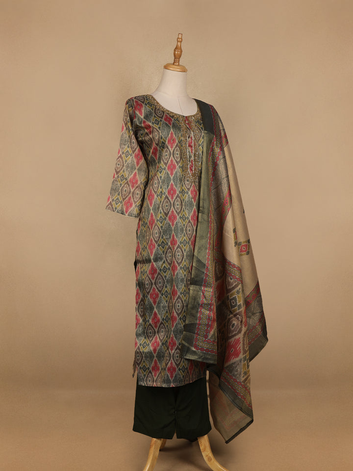 Grey Abstract Print Tissue Straight Cut Salwar Suit - Diadem