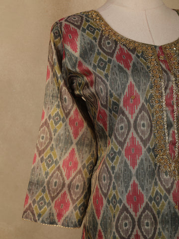 Grey Abstract Print Tissue Straight Cut Salwar Suit - Diadem