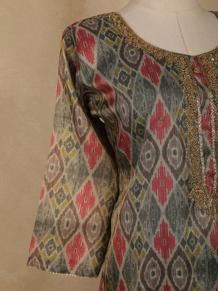 Grey Abstract Print Tissue Straight Cut Salwar Suit - Diadem