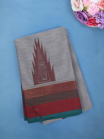 Grey Cotton Saree with Temple Motif and Contrast Woven Border - Diadem