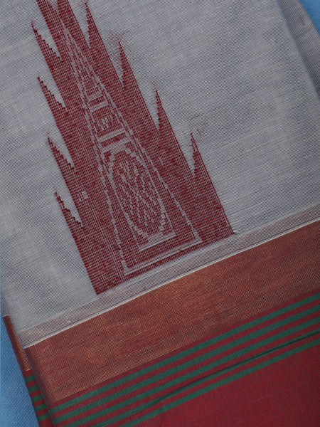 Grey Cotton Saree with Temple Motif and Contrast Woven Border - Diadem