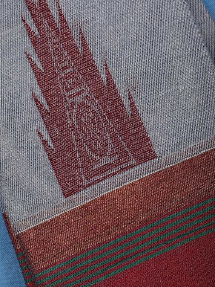 Grey Cotton Saree with Temple Motif and Contrast Woven Border - Diadem