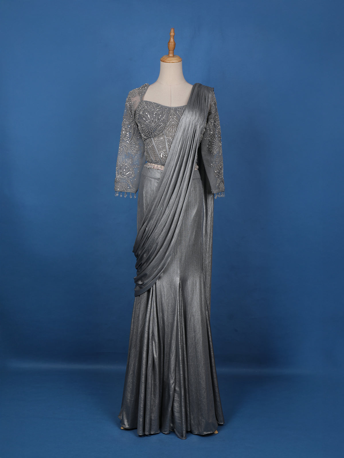 Grey Embroidery Shimmer Ready To Wear Saree with Designer Blouse - Diadem
