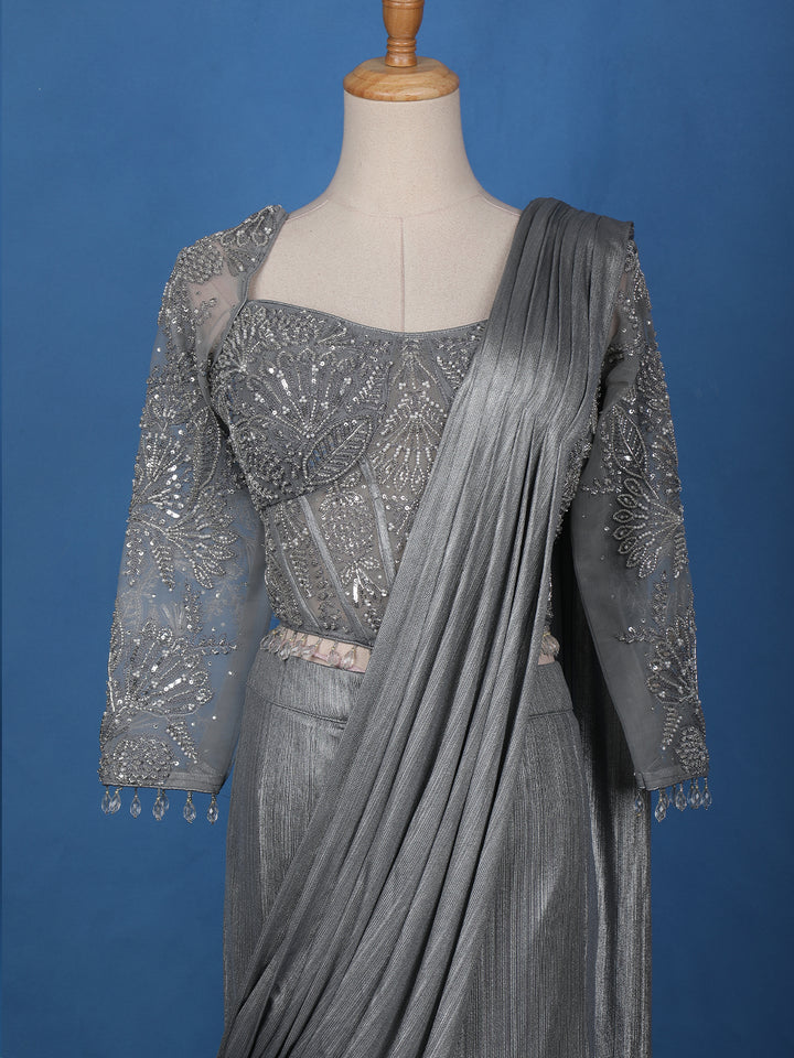 Grey Embroidery Shimmer Ready To Wear Saree with Designer Blouse - Diadem