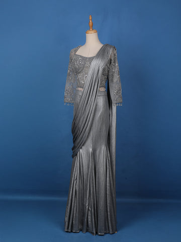 Grey Embroidery Shimmer Ready To Wear Saree with Designer Blouse - Diadem