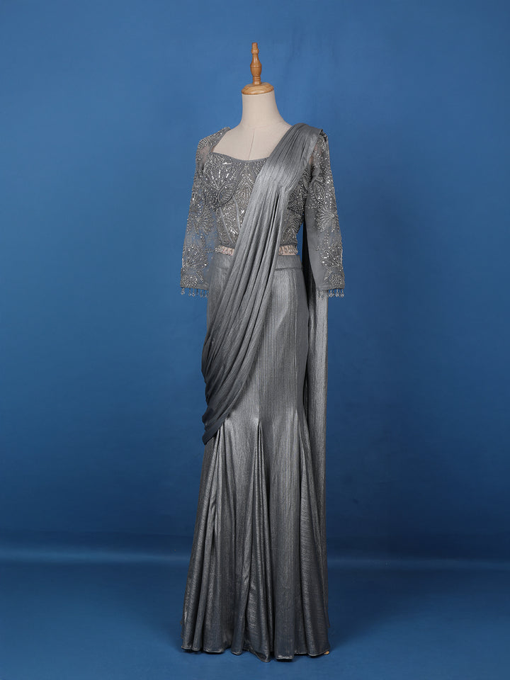 Grey Embroidery Shimmer Ready To Wear Saree with Designer Blouse - Diadem