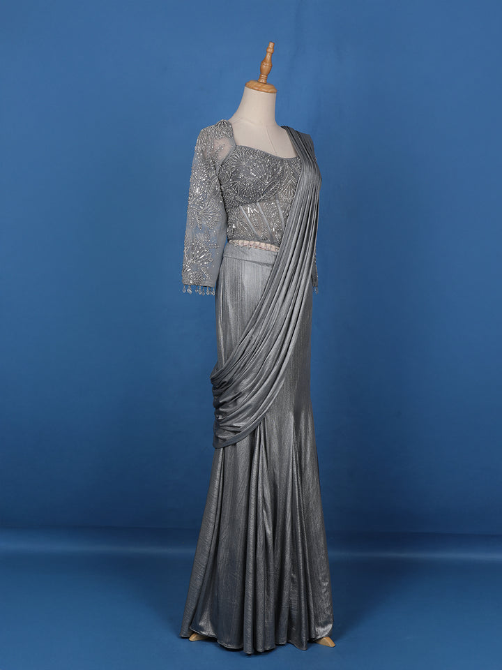 Grey Embroidery Shimmer Ready To Wear Saree with Designer Blouse - Diadem