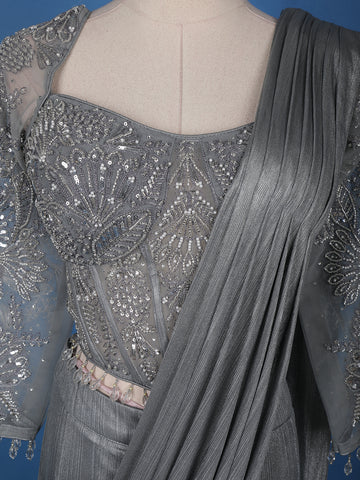 Grey Embroidery Shimmer Ready To Wear Saree with Designer Blouse - Diadem
