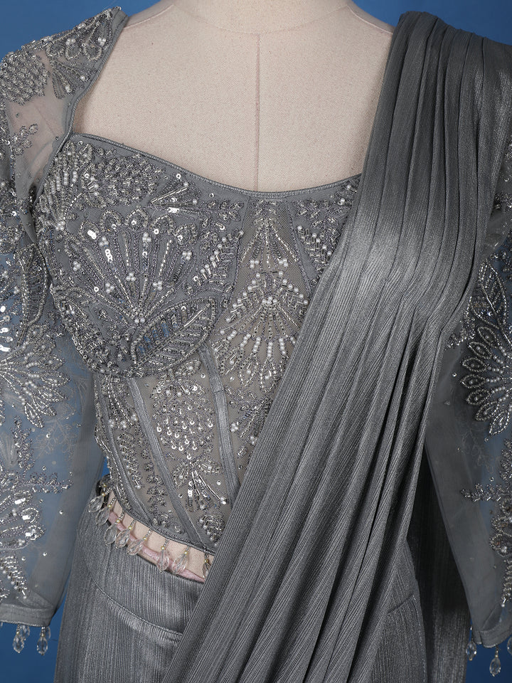 Grey Embroidery Shimmer Ready To Wear Saree with Designer Blouse - Diadem