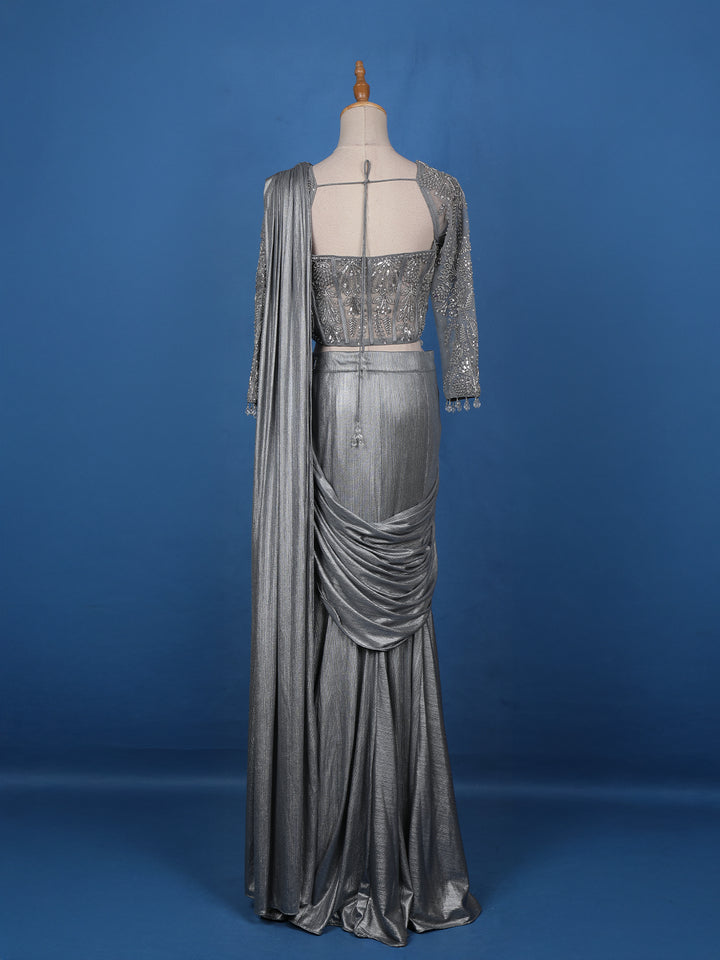Grey Embroidery Shimmer Ready To Wear Saree with Designer Blouse - Diadem