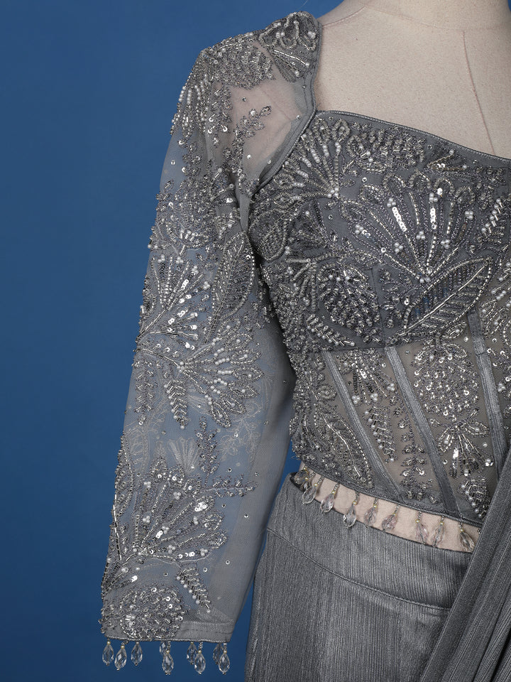 Grey Embroidery Shimmer Ready To Wear Saree with Designer Blouse - Diadem