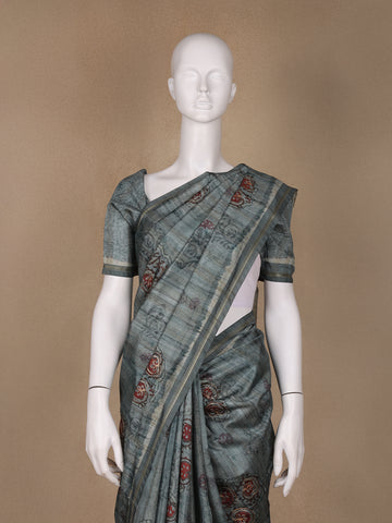 Grey Floral Designed Semi Tussar Saree - Diadem