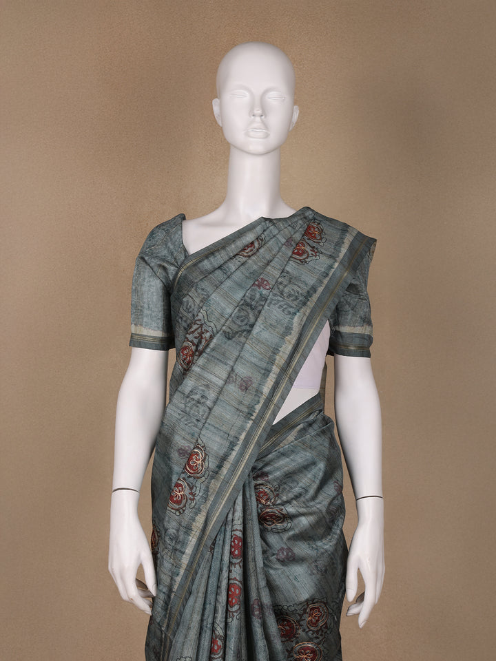 Grey Floral Designed Semi Tussar Saree - Diadem