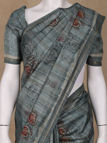 Grey Floral Designed Semi Tussar Saree - Diadem