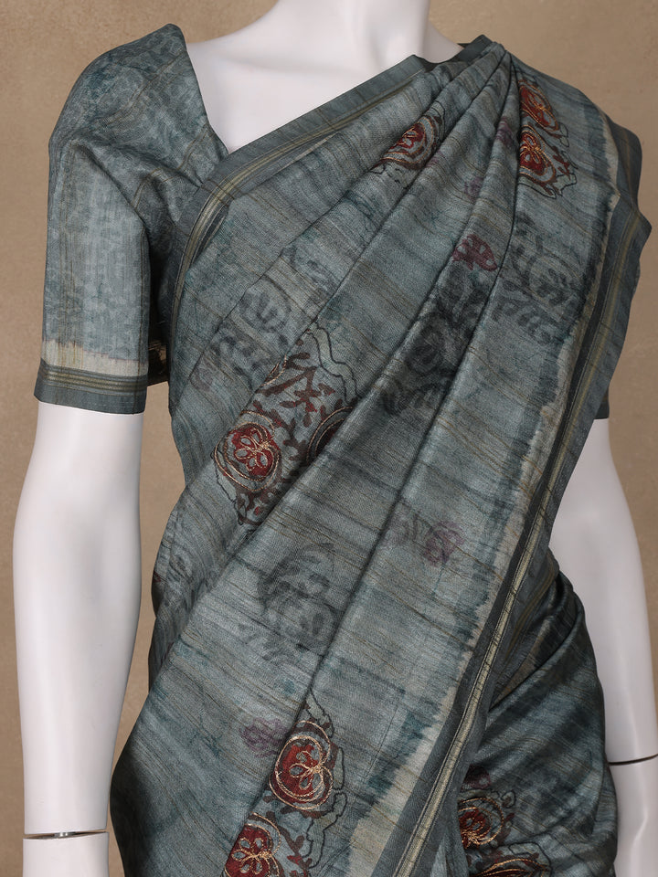 Grey Floral Designed Semi Tussar Saree - Diadem
