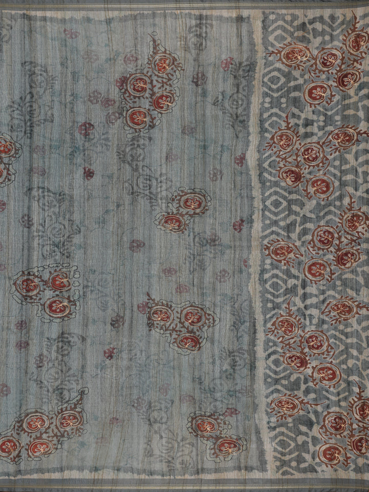 Grey Floral Designed Semi Tussar Saree - Diadem
