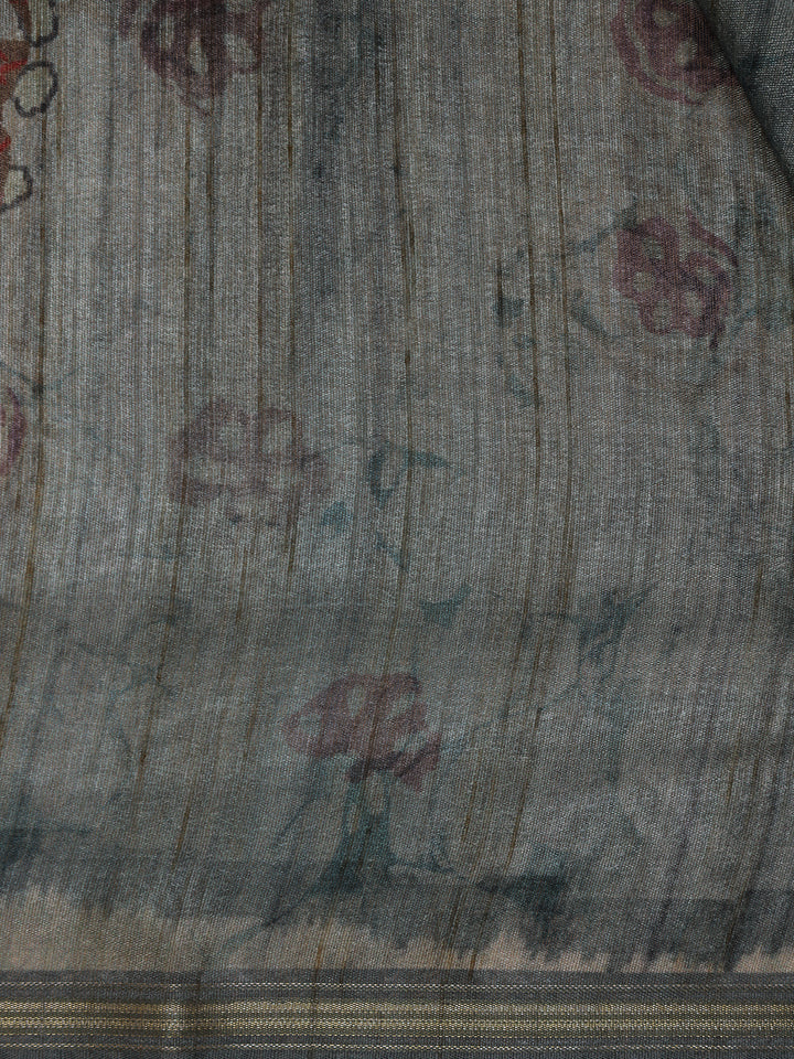 Grey Floral Designed Semi Tussar Saree - Diadem