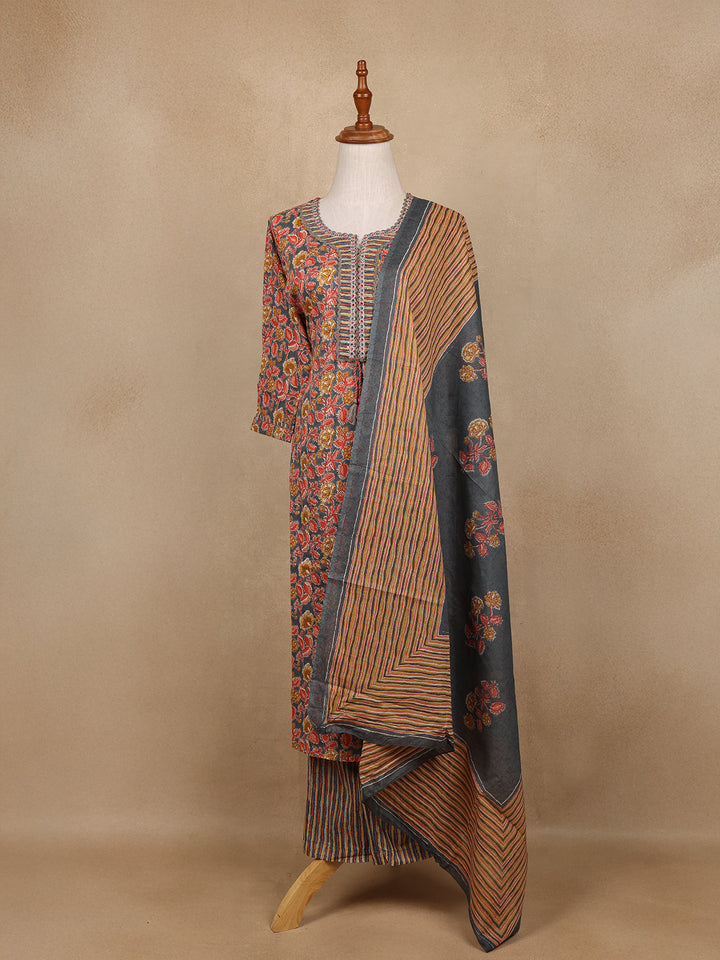 Grey Floral Design Printed Cotton Salwar Suit - Diadem