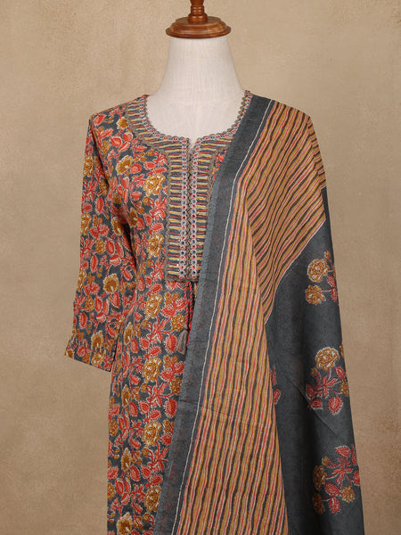 Grey Floral Design Printed Cotton Salwar Suit - Diadem
