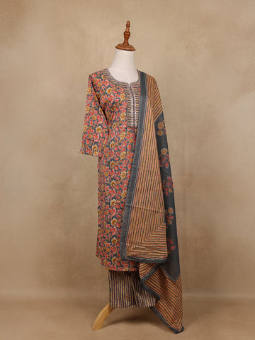 Grey Floral Design Printed Cotton Salwar Suit - Diadem