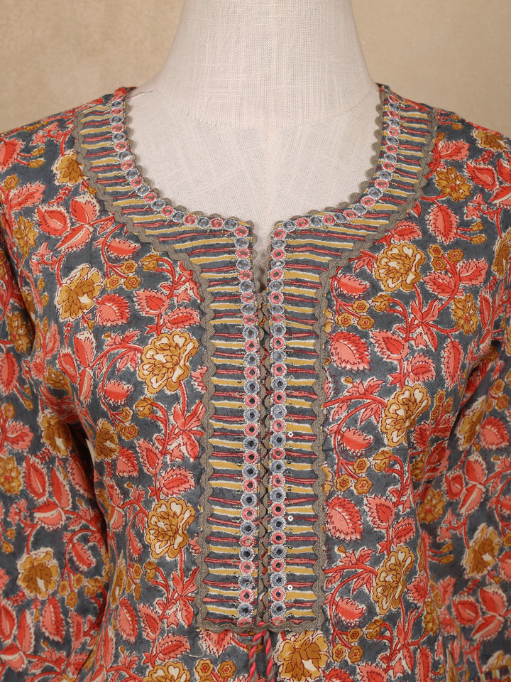 Grey Floral Design Printed Cotton Salwar Suit - Diadem